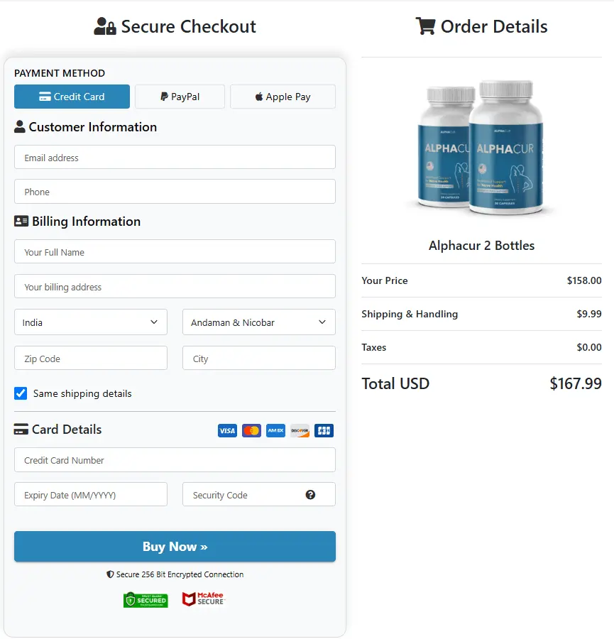 AlphaCur Checkout Page
